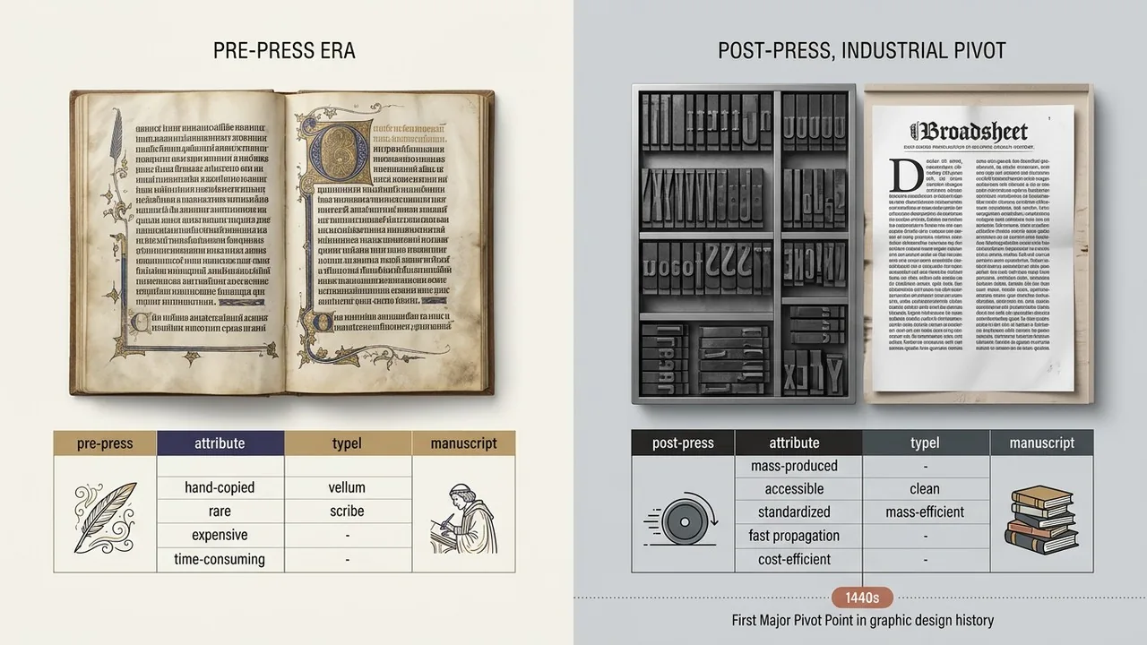 Sự so sánh trực quan giữa các bản thảo chép tay và kiểu chữ rời của Gutenberg trong lịch sử thiết kế đồ họa.