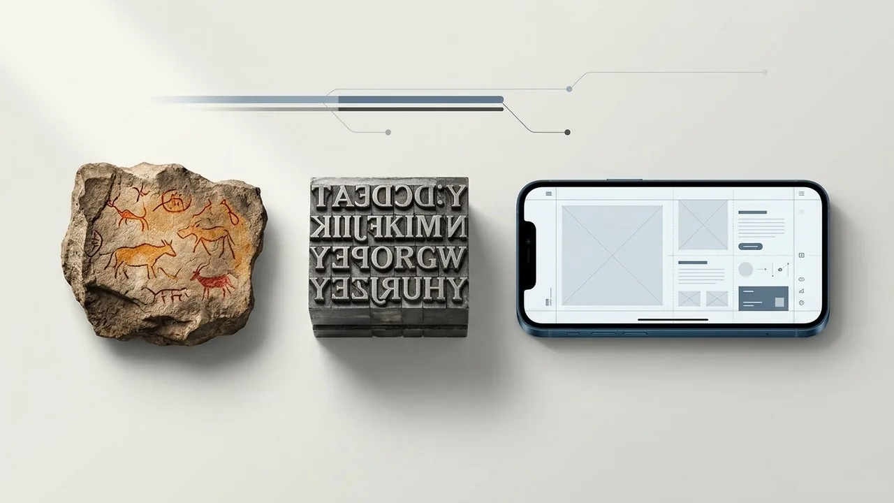 A conceptual timeline showing the history of graphic design from ancient stone etchings to modern digital interfaces.
