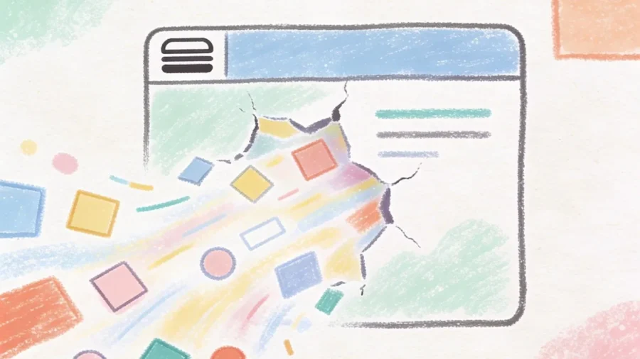 An abstract editorial illustration showing the evolution of AI design moving away from traditional website menus.