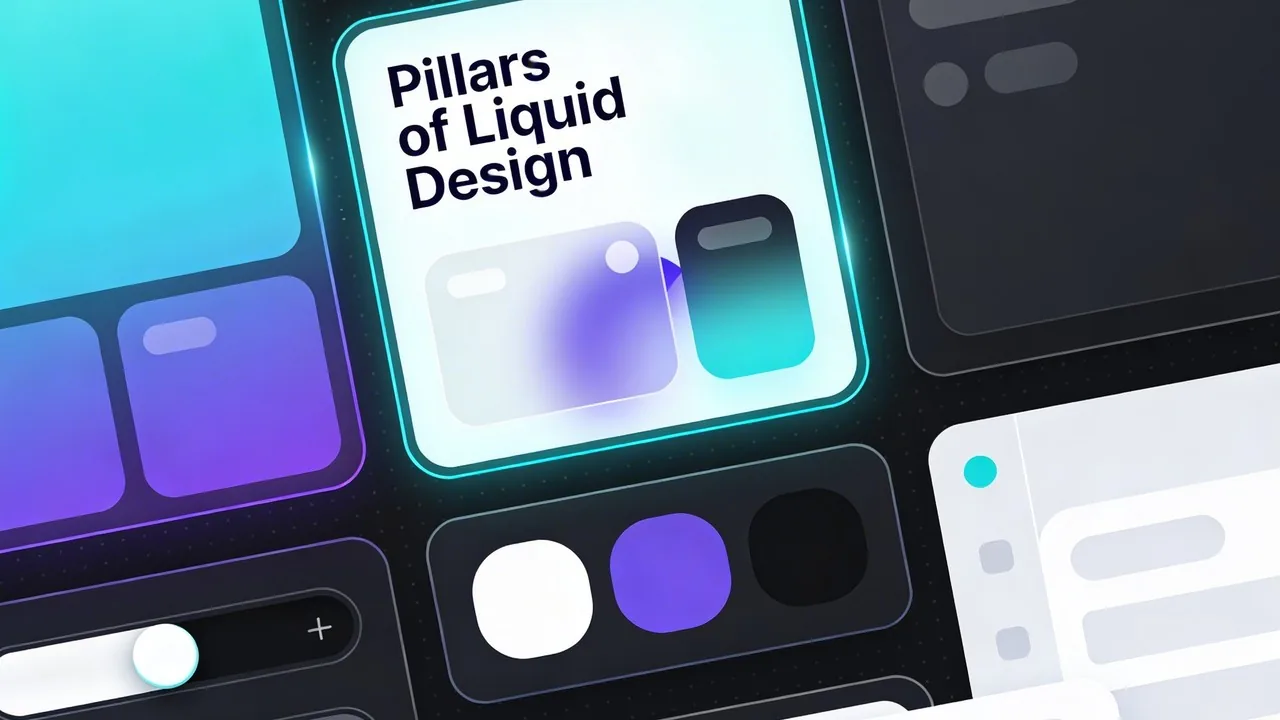 Detailed UI components illustrating the technical principles of Liquid Glass and glassmorphism.