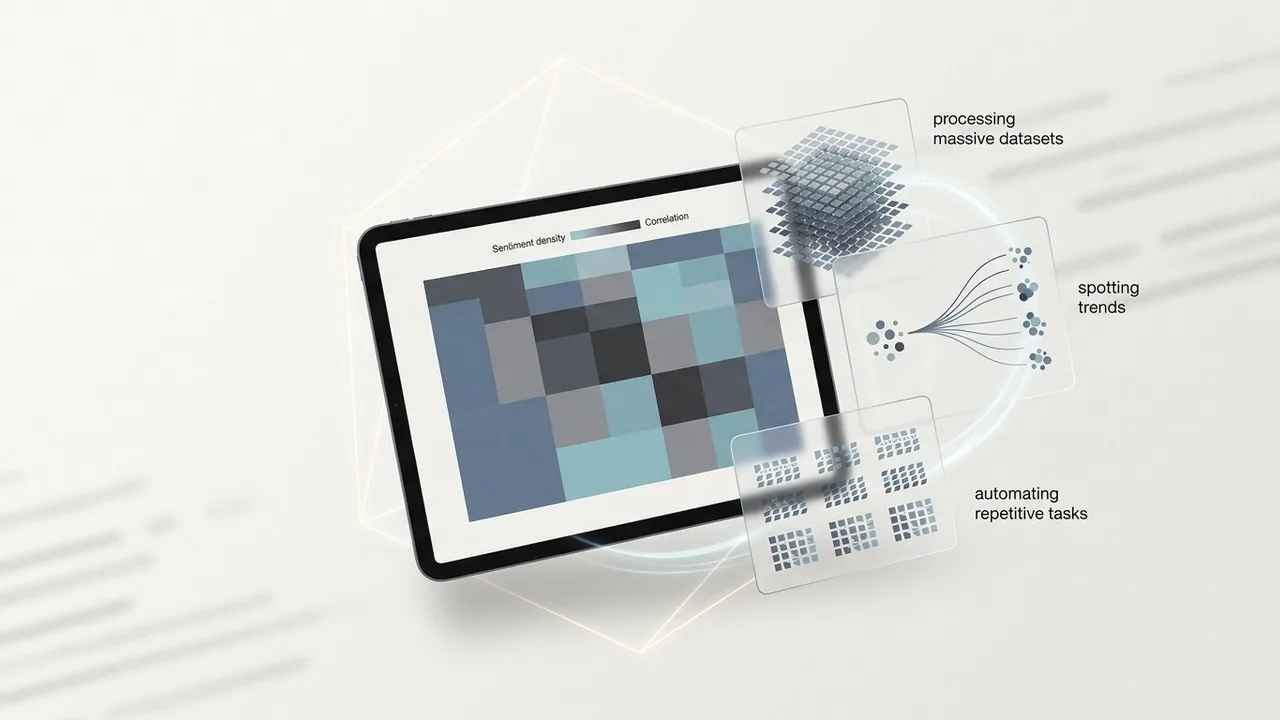 A sophisticated digital interface showing data analysis and sentiment patterns for an AI brand strategy.