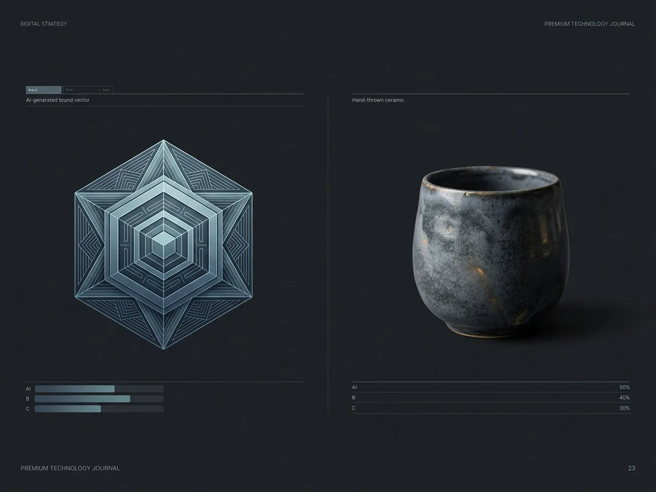 An editorial comparison between cold digital vectors and warm organic objects in the context of AI brand strategy.
