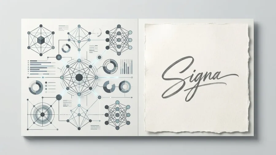 A premium editorial visualization of AI brand strategy balancing data nodes with human creative elements.
