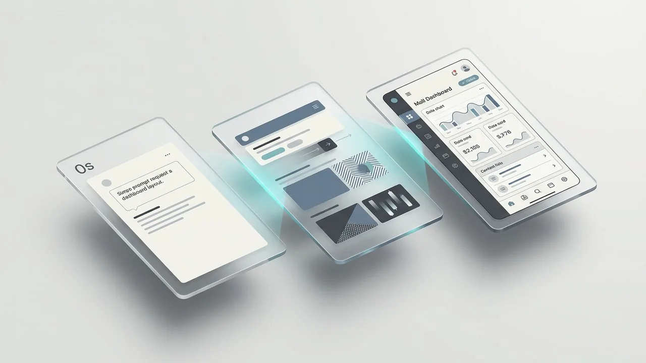 A modular process diagram showing the rapid 30-second workflow of AI prototyping from prompt to layout.