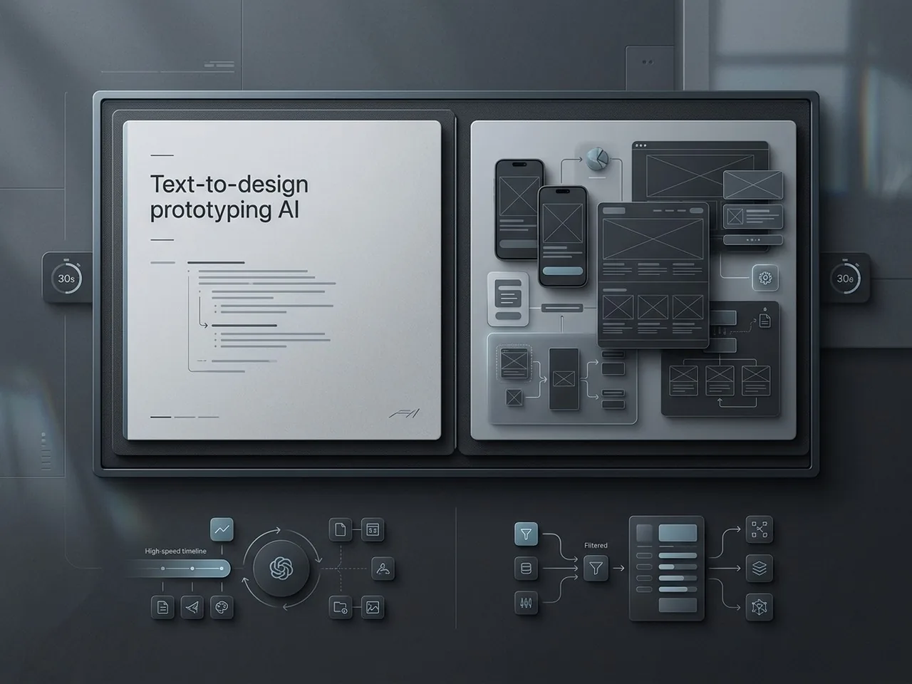 An editorial specimen board comparing different AI prototyping input methods and digital artifacts.