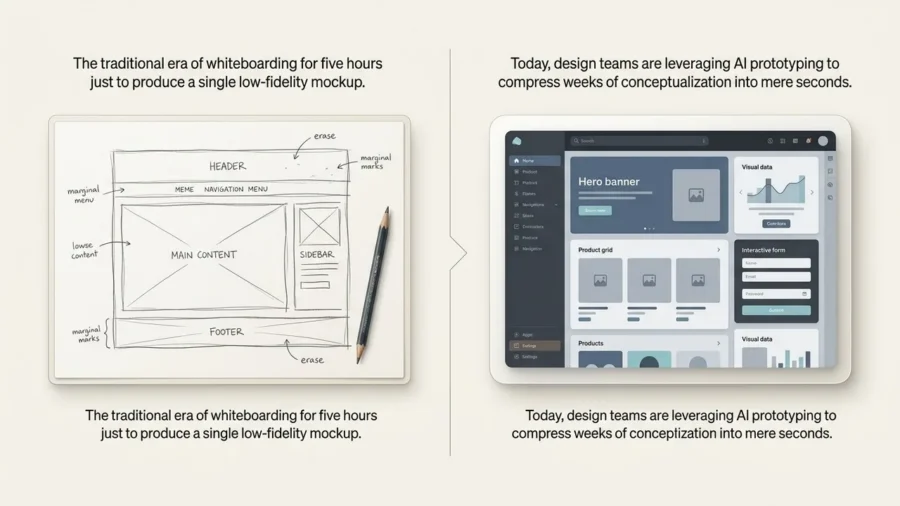 A high-end editorial comparison between a manual sketch and an AI prototyping interface, illustrating the speed of modern design.