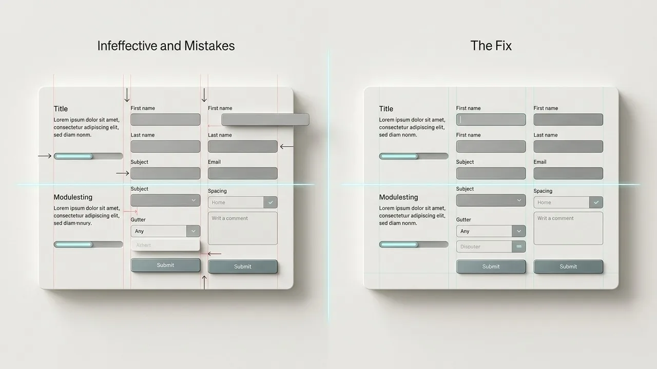 So sánh trước và sau các lỗi bố cục được khắc phục bằng cách áp dụng hệ thống lưới nhất quán.
