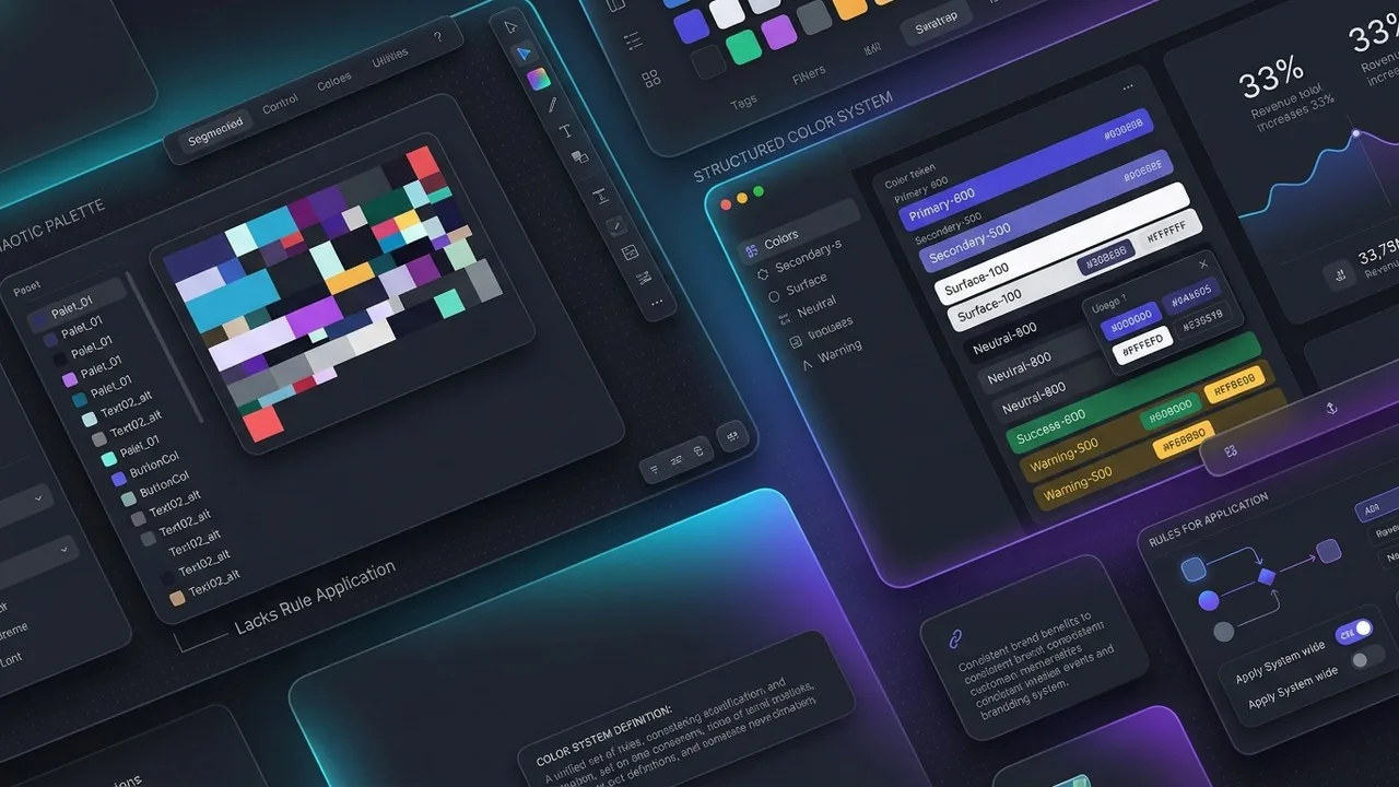 Một hệ thống màu giao diện có cấu trúc được hiển thị thông qua các design token và bảng điều khiển UI có tổ chức.