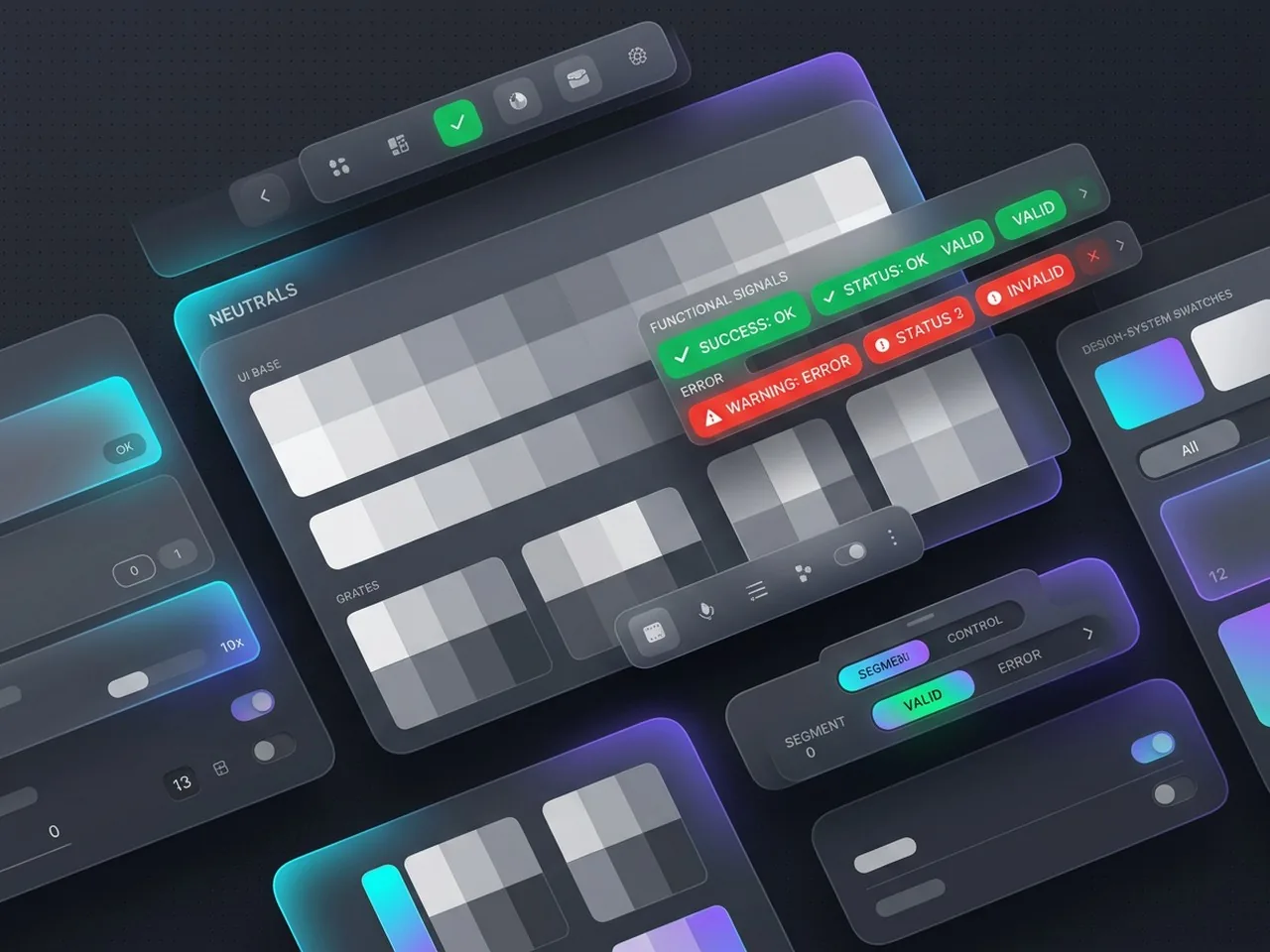 Các màu tín hiệu chức năng và mẫu màu trung tính trong một hệ thống màu giao diện vững chắc.