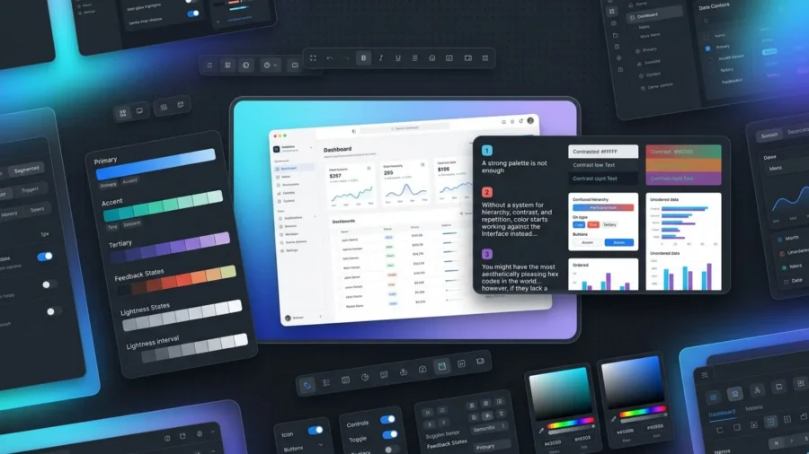 A sophisticated interface color system displayed in a premium SaaS product UI screenshot with dark mode panels.