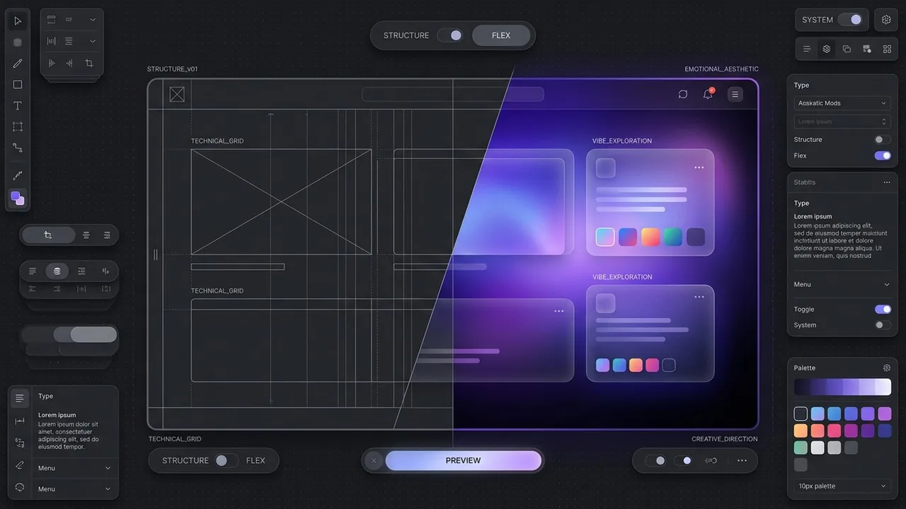So sánh UI song song cho thấy sự chuyển đổi từ wireframe truyền thống sang thẩm mỹ vibe design.