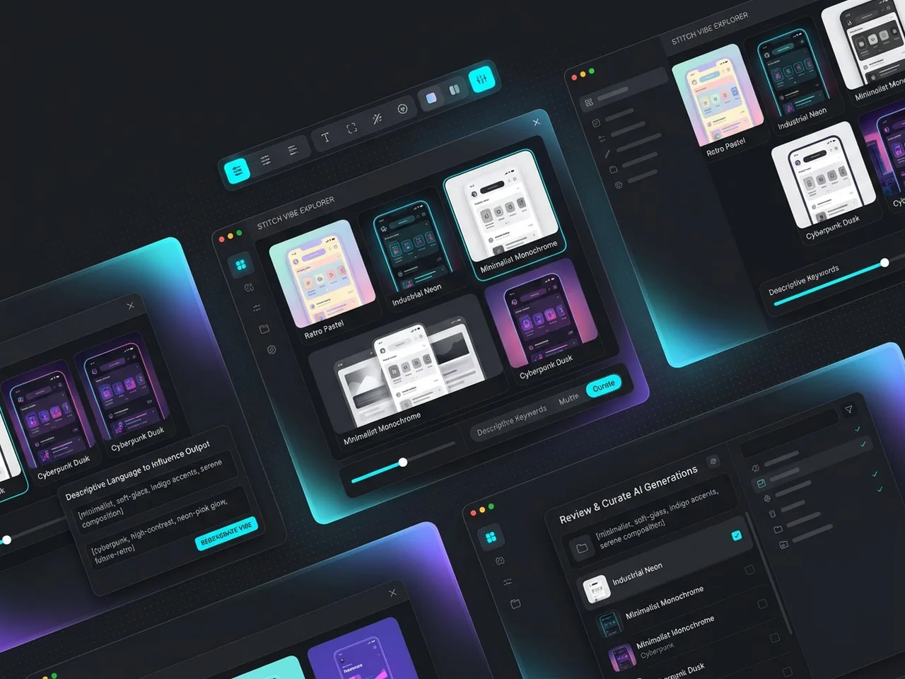 Ảnh chụp màn hình UI chi tiết cho thấy một nhà thiết kế đang tuyển chọn các đầu ra thẩm mỹ khác nhau trong quy trình vibe design.