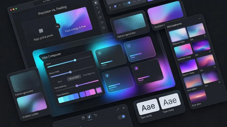 A premium UI screenshot collage illustrating the concept of vibe design with glowing interface panels.