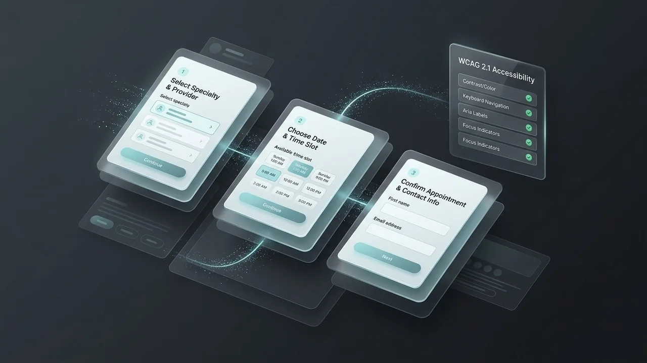 UX design framework for a medical website design project emphasizing accessibility and intuitive booking.