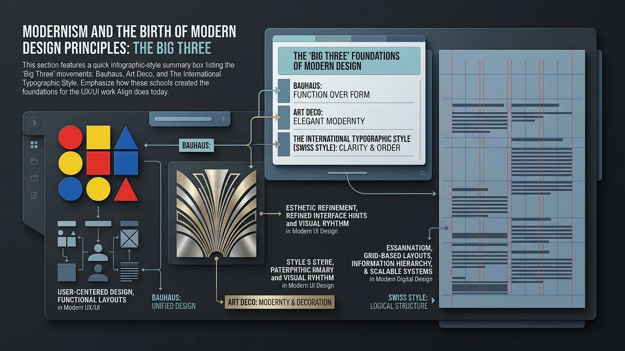 Các phong trào hiện đại bao gồm Bauhaus và Phong cách Thụy Sĩ đã định hình lịch sử thiết kế đồ họa.