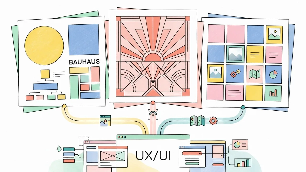 Abstract geometric shapes illustrating the modernist movements in the history of graphic design.