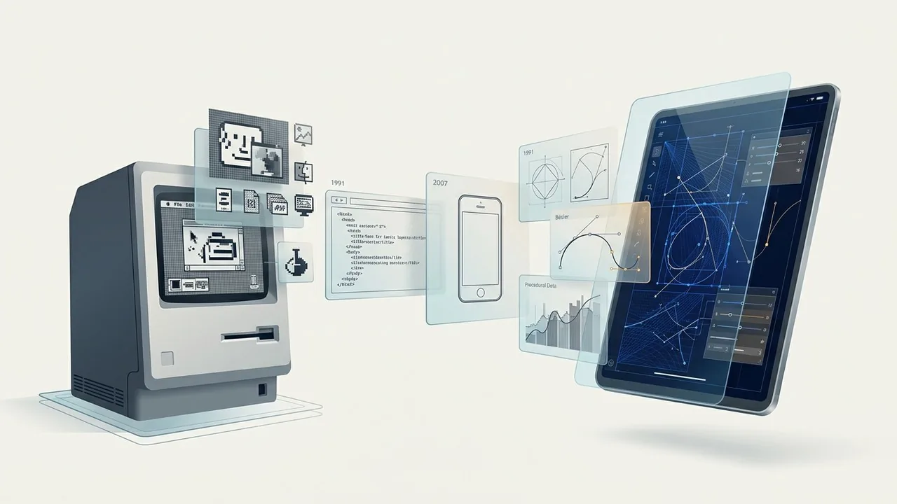 Sự chuyển đổi từ xuất bản để bàn sơ khai sang các công cụ UX/UI hiện đại trong lịch sử thiết kế đồ họa.