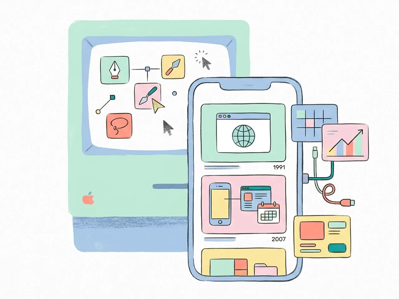 An editorial illustration of digital devices and browser frames marking the modern history of graphic design.