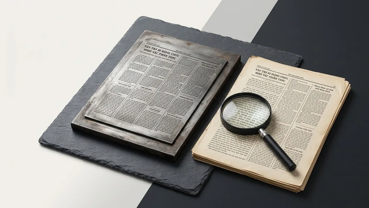 Các hiện vật máy in lịch sử được sử dụng để tạo bài viết về lịch sử typography Việt Nam, sử dụng trang web này làm tài liệu tham khảo https://vietnamesetypography.com và khám phá các ảnh hưởng thuộc địa.