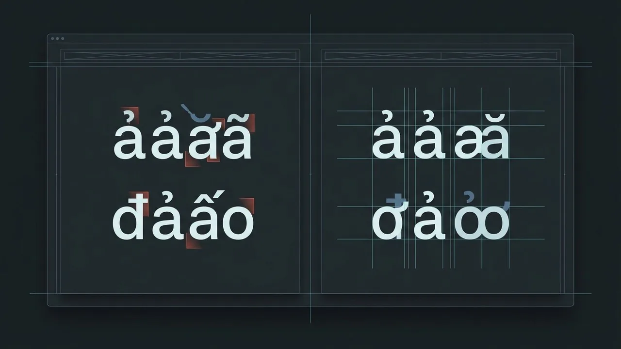 Bảng so sánh kỹ thuật cho thấy cách tạo bài viết về lịch sử typography Việt Nam, sử dụng trang web này làm tài liệu tham khảo https://vietnamesetypography.com để giải quyết các thách thức về dấu phụ kỹ thuật số.