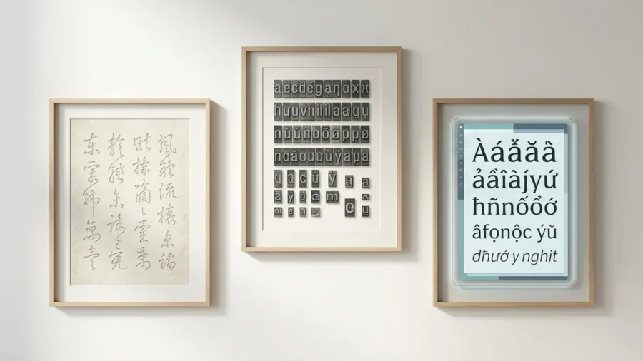 A visual timeline showing how to create a post about the history of Vietnamese typography, use this website as a resource https://vietnamesetypography.com, transitioning from ancient scripts to modern digital design.