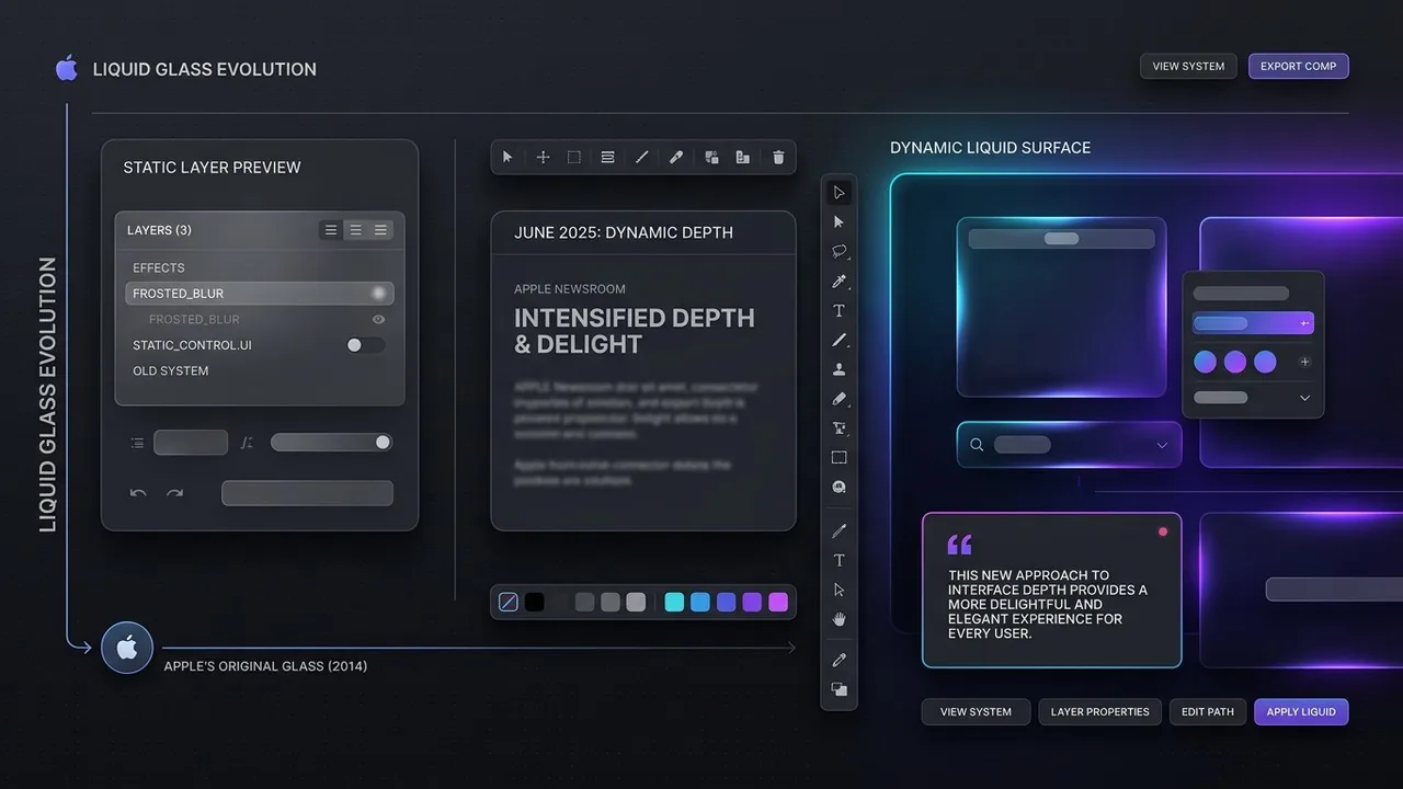 So sánh glassmorphism truyền thống và hệ thống chiều sâu thủy tinh lỏng mới trong bộ UI kit.