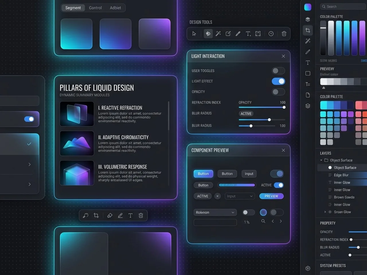 Các thành phần thiết kế UI minh họa các nguyên tắc cốt lõi của liquid glassmorphism.