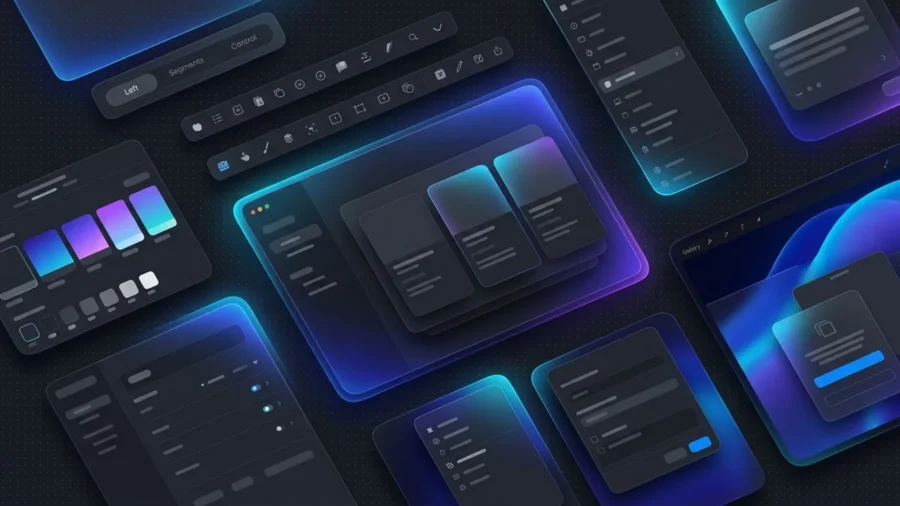 A futuristic UI design showcasing the evolution of glassmorphism into Apple's new Liquid Glass visual language.