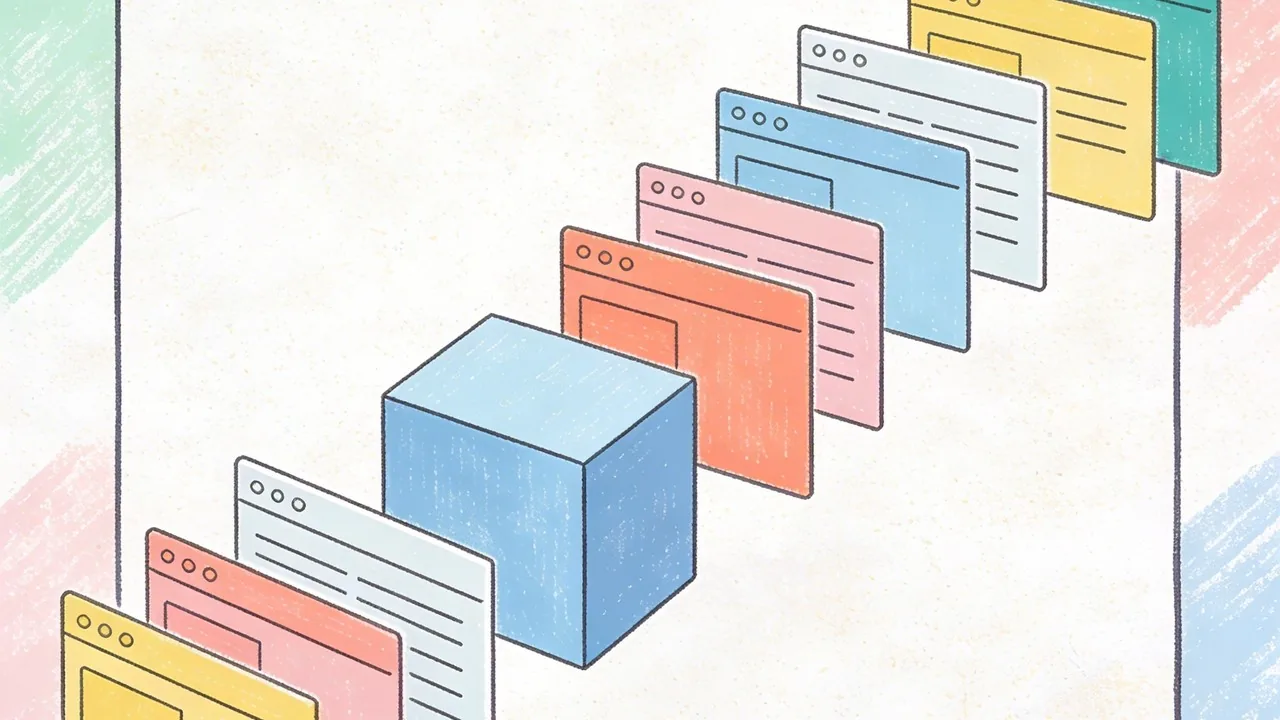 Fixing Your Interface Color System: Beyond Pretty Palettes 4 Abstract design tokens and UI cards flowing through a system to illustrate a consistent interface color system.