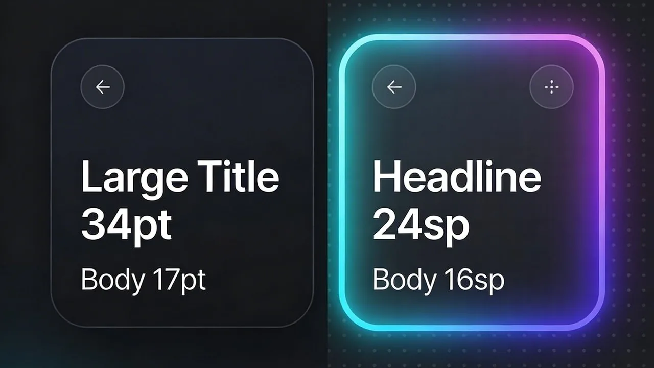 Comparison of iOS and Android official font size for mobile app design standards in a dark UI layout.