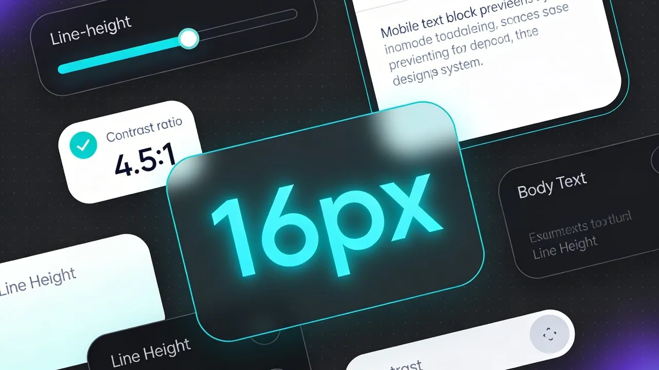 UI design tool interface highlighting the 16px minimum font size for mobile app design and accessibility rules.