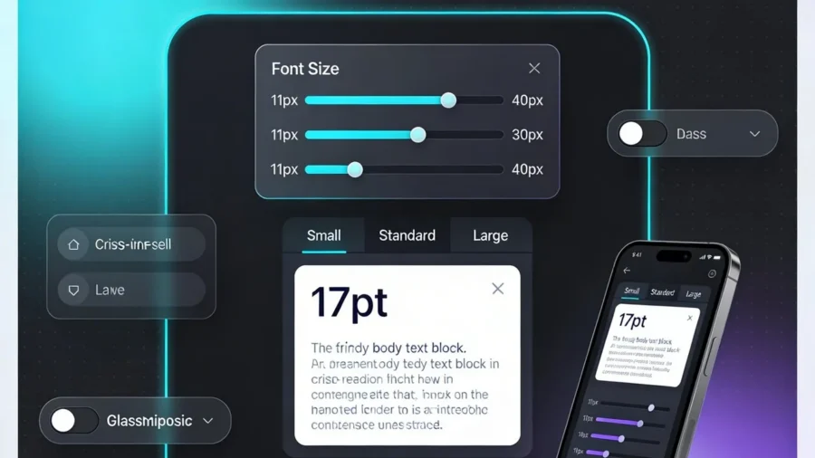 A premium UI design interface showing typography settings and font size for mobile app design scales.