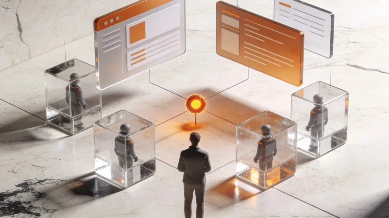 A minimalist 3D editorial scene depicting a human director overseeing autonomous digital agents, illustrating ux vs ax.