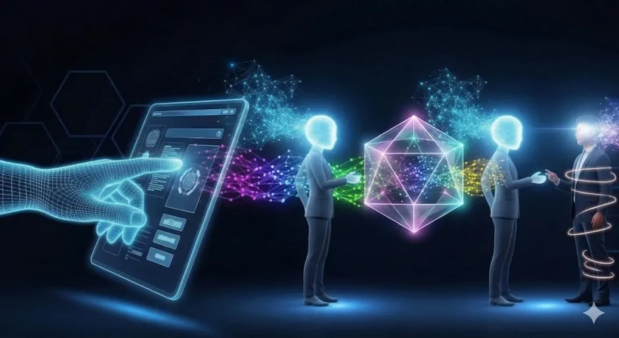 A premium 3D editorial visualization showing the evolution of ux vs ax through geometric and organic glass forms.