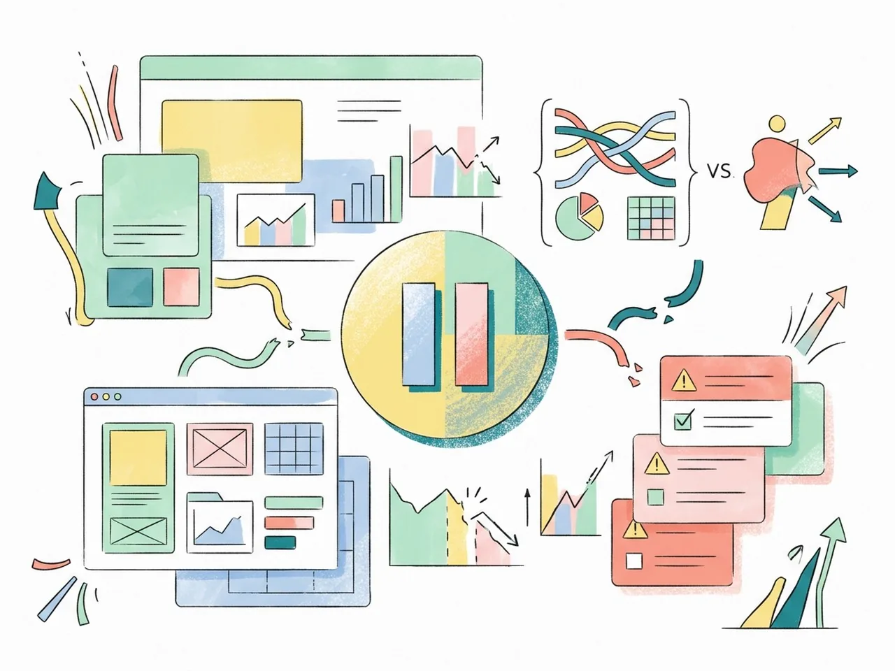 Abstract UI elements and red flags signaling when to rebrand or when to pause a project.