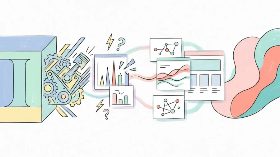 An editorial illustration showing a brand transition and the strategic decision of when to rebrand.