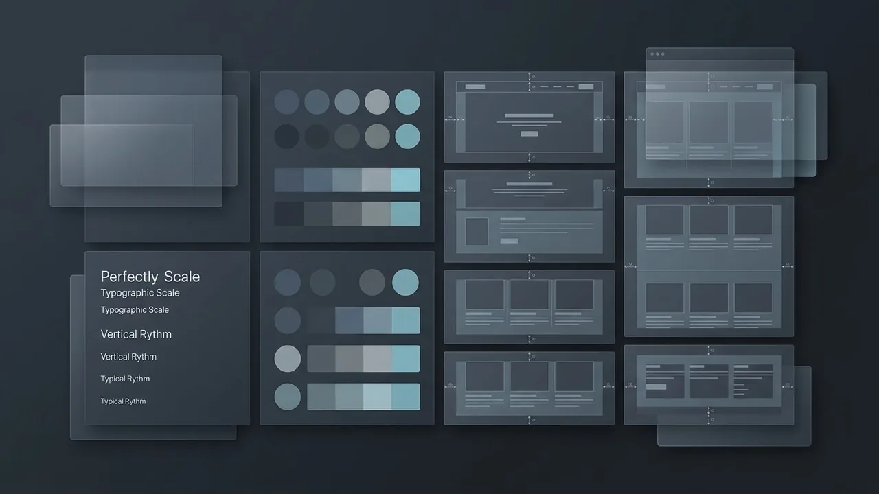 A modular design specimen board showing the core pillars of clean website design including typography and spacing.