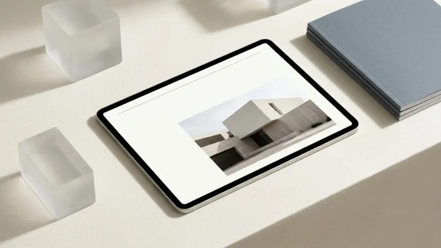 A premium tablet displaying a clean website design with minimalist layout and elegant typography on an ivory desk.