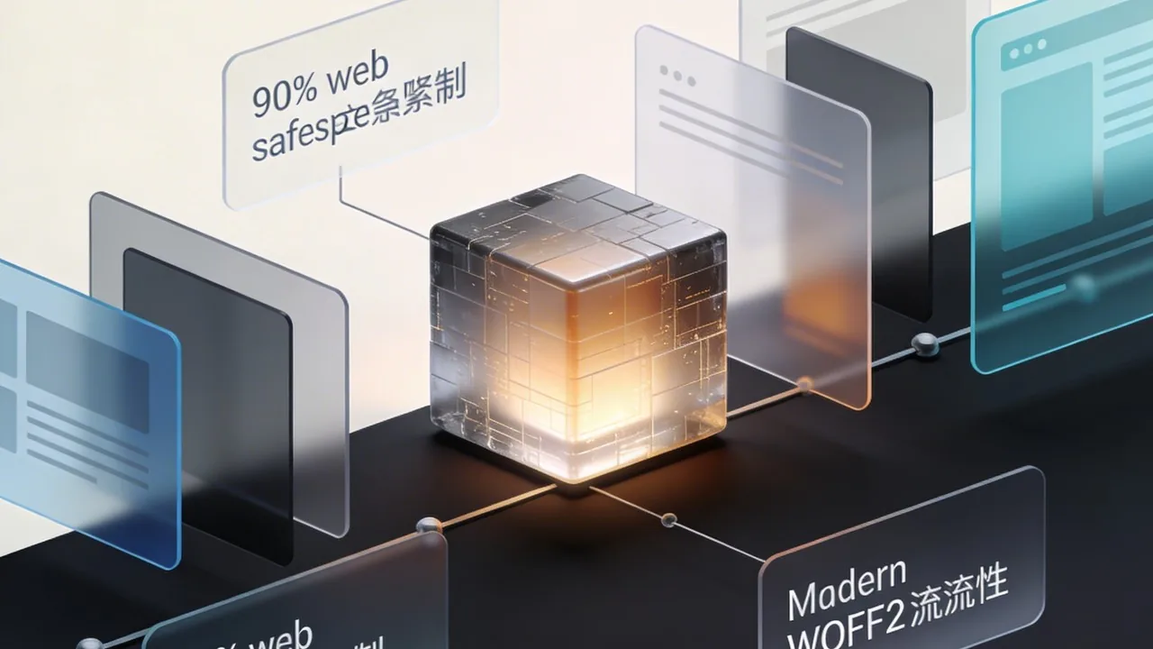 A conceptual timeline showing the evolution of typography in web design from system fonts to modern web formats.
