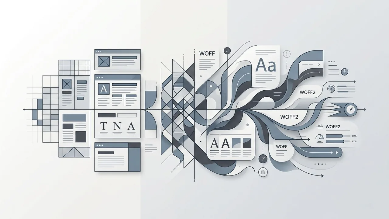 Dòng thời gian biên tập cho thấy sự phát triển kỹ thuật của typography trong thiết kế web từ font hệ thống đến định dạng WOFF2 hiện đại.