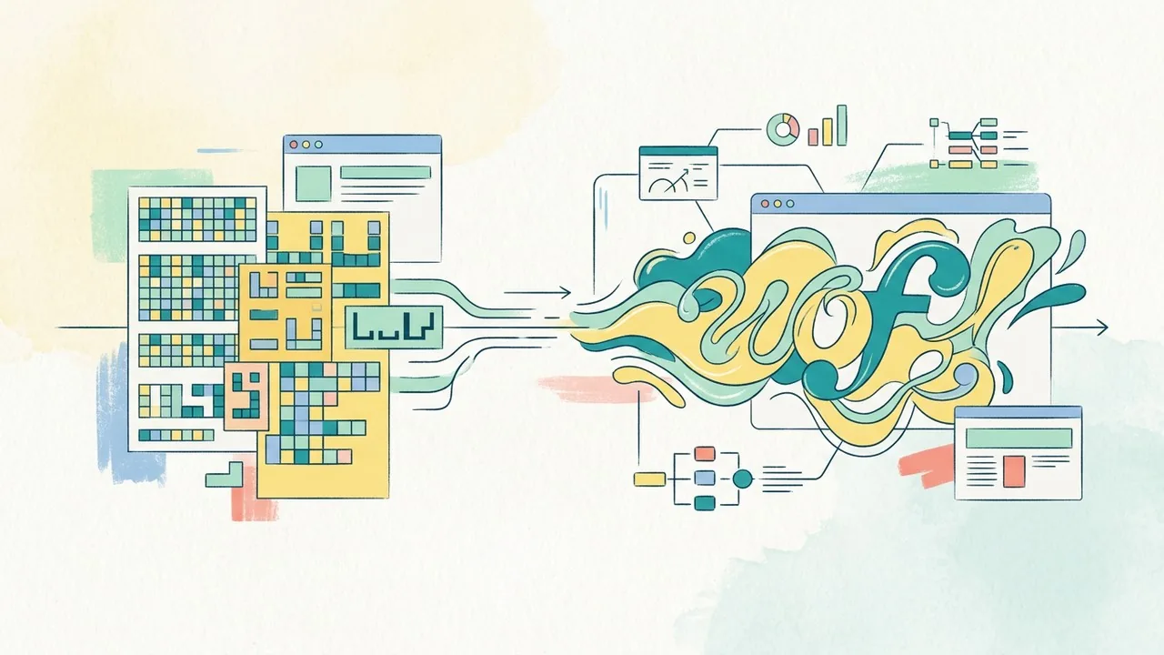 Minh họa dòng thời gian trừu tượng cho thấy sự phát triển của typography trong thiết kế web từ font hệ thống đến các định dạng web hiện đại.