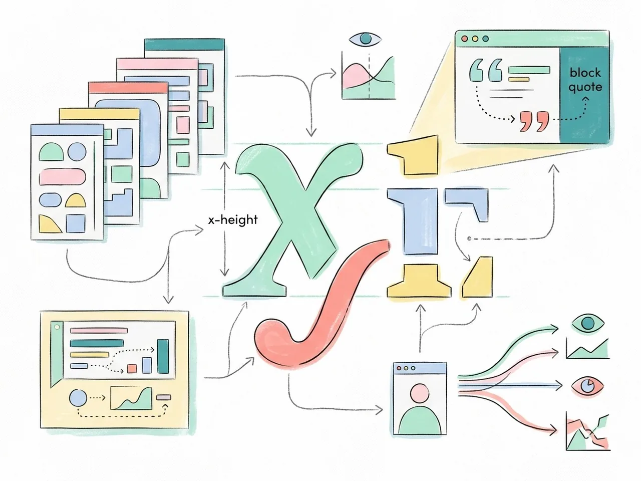 Sơ đồ cấu tạo chữ cái minh họa giải phẫu của typography trong thiết kế web.