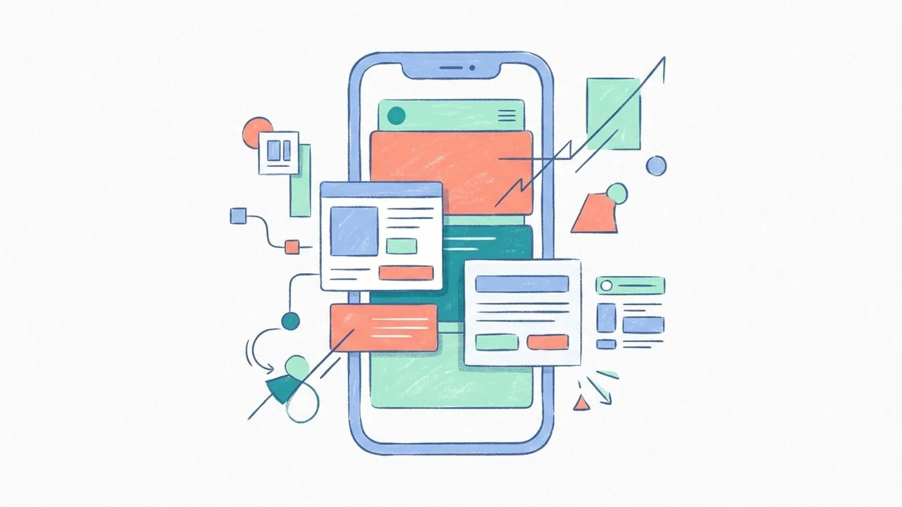 Biểu diễn trừu tượng của typography di động đáp ứng trong thiết kế web hiển thị các thẻ bố cục linh hoạt trên thiết bị.