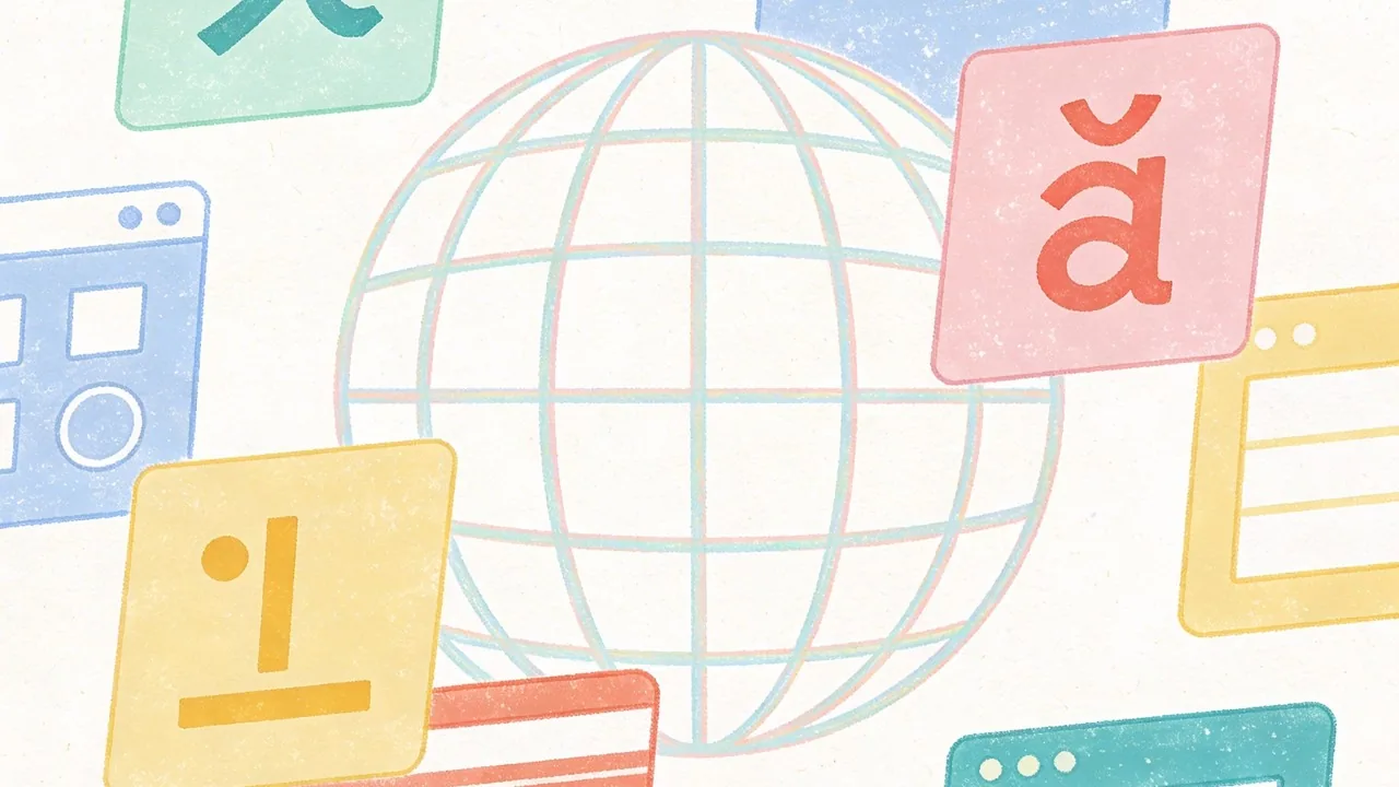 Abstract global shapes representing multilingual support and global typography in web design.