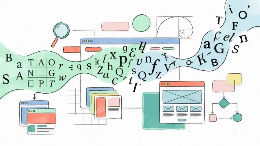 A creative editorial illustration representing the importance of typography in web design with abstract UI elements.