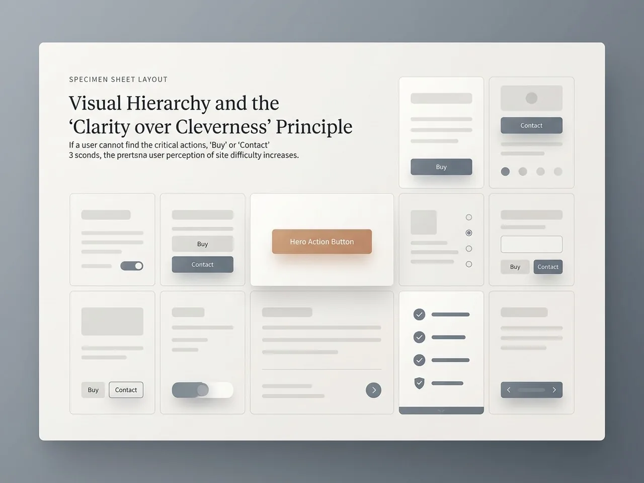A minimalist UI specimen board demonstrating visual hierarchy to reduce website bounce rate.