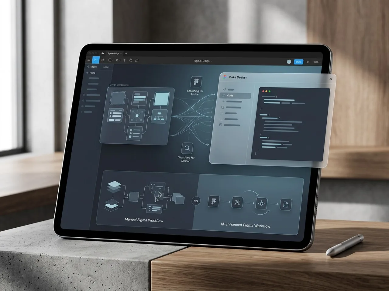 A high-end tablet mockup showing the transition from Figma canvas elements to code via ai design systems.