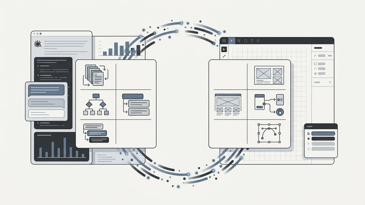 A minimalist process diagram showing the intelligent feedback loop between Claude and Figma within ai design systems.