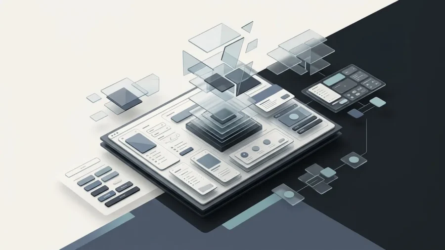 A sophisticated modular 3D grid representing the architecture of ai design systems with glass-morphic UI components.