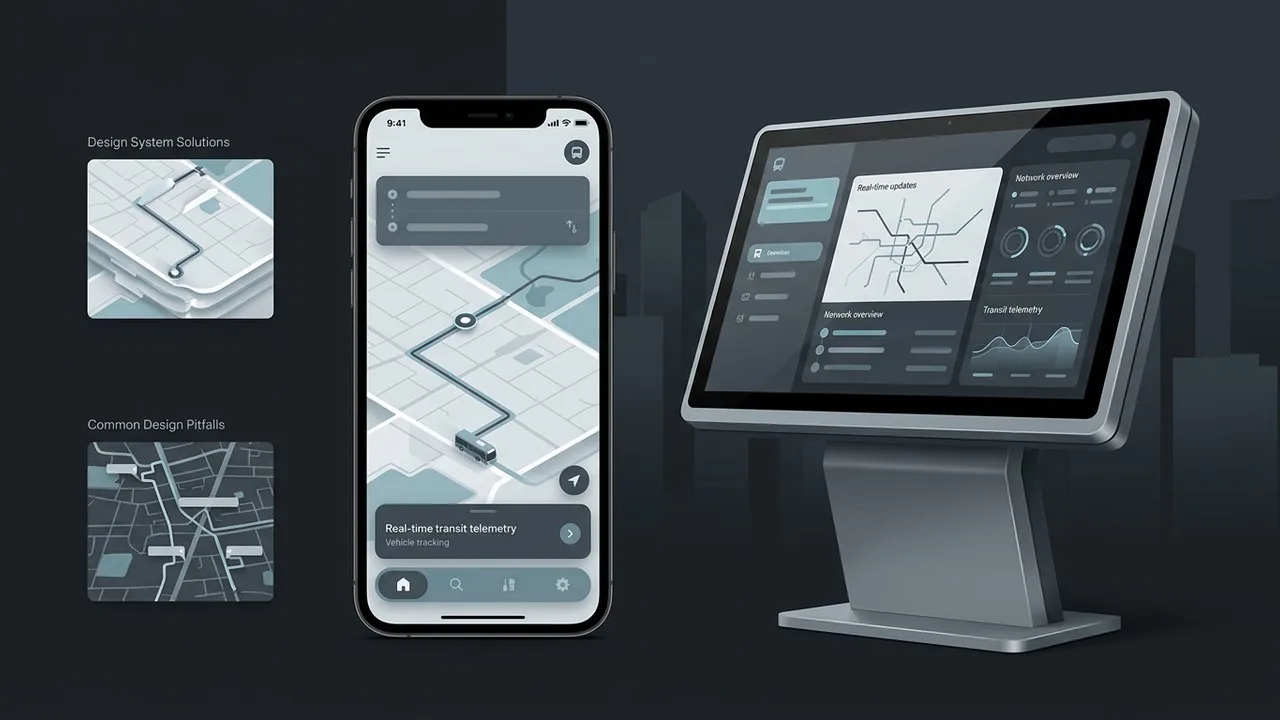 A digital journey map showing consistent interface patterns across mobile and kiosk devices using a transit design system.